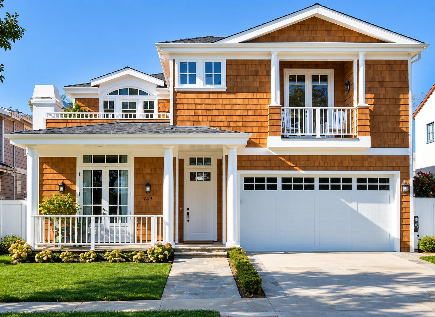 Cape Cod style home in Pacific Palisades with shingle siding, white trim, and covered front porch