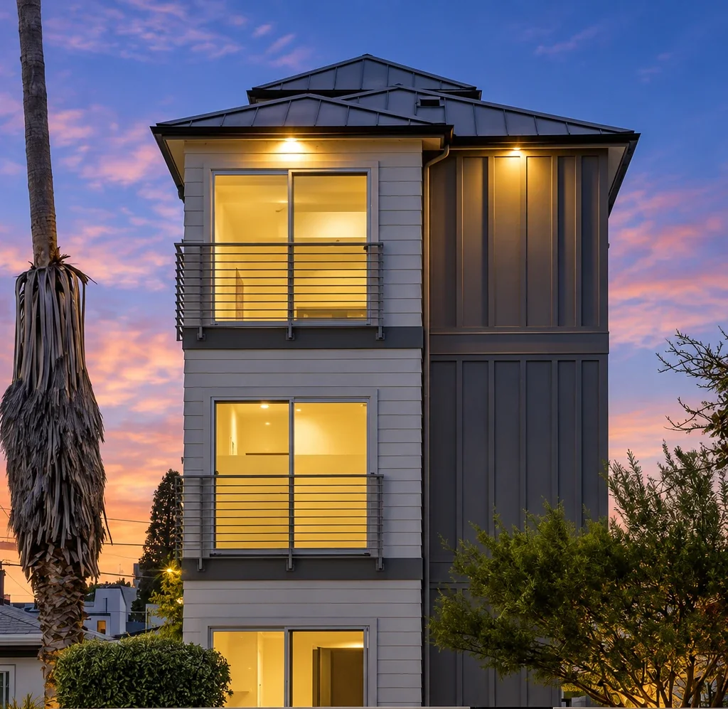A three-story home on a 25-foot-wide lot designed to feel spacious through vertical planning, vaulted ceilings, and abundant natural light