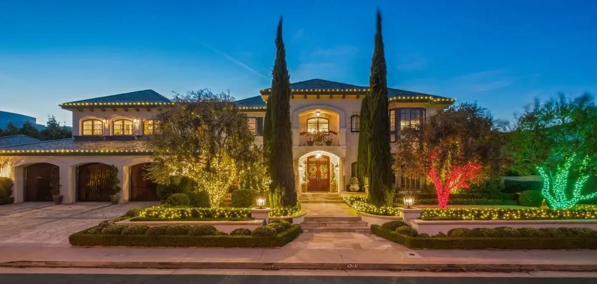 Mediterranean custom home in Pacific Palisades, Los Angeles, photographed at dusk
